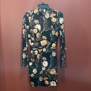 Privy Black Floral Long-Sleeve Bodycon Dress with Mesh / Gold and Cream Accents